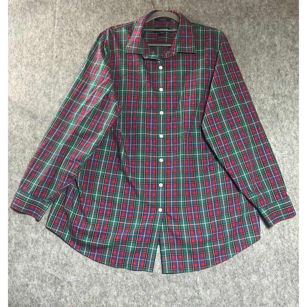 Lands End Shirt Women Plus 20W Plaid Long Sleeve Button Up No Iron Cotton Preppy